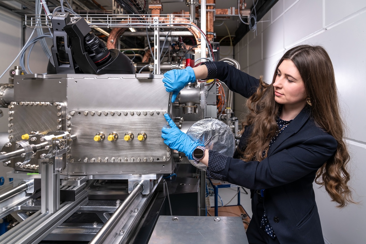 Electrons strike a tungsten target